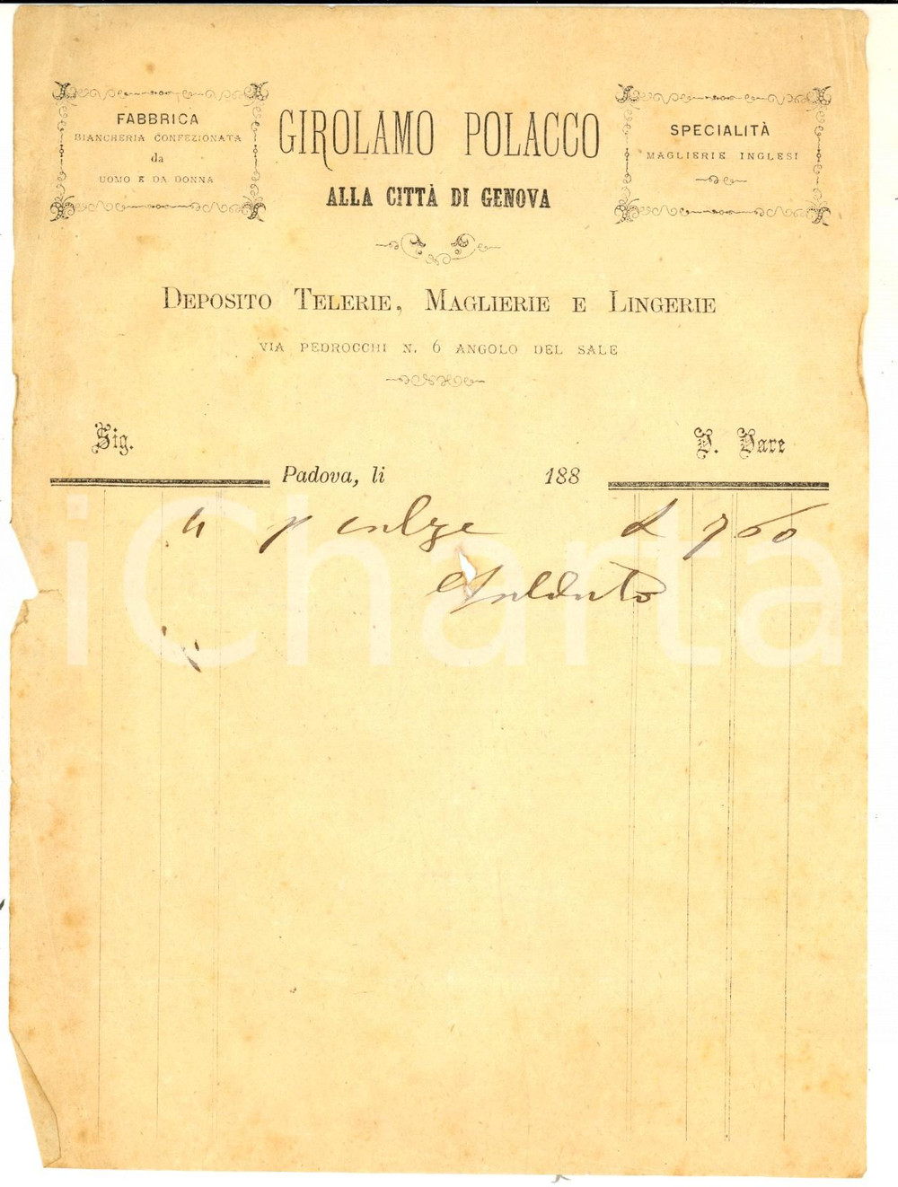 Documento originale, autentico 1880 ca PADOVA Girolamo POLACCO  Telerie e maglierie Fattura intestata 1