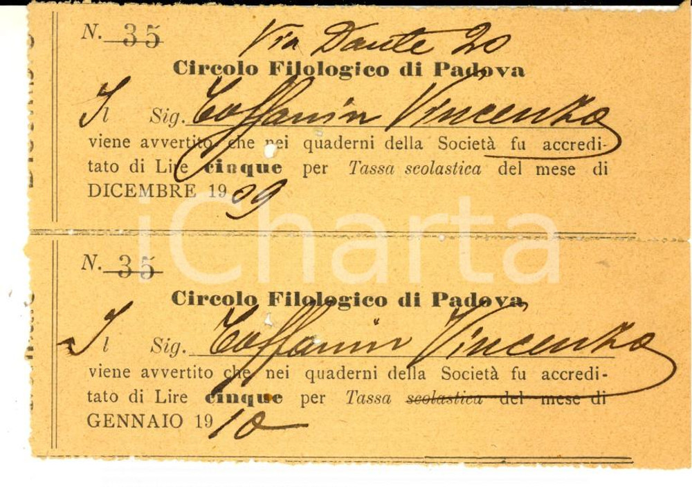 Documento originale, autentico 1909 PADOVA Circolo Filologico  Ricevuta per tassa scolastica VINTAGE 1