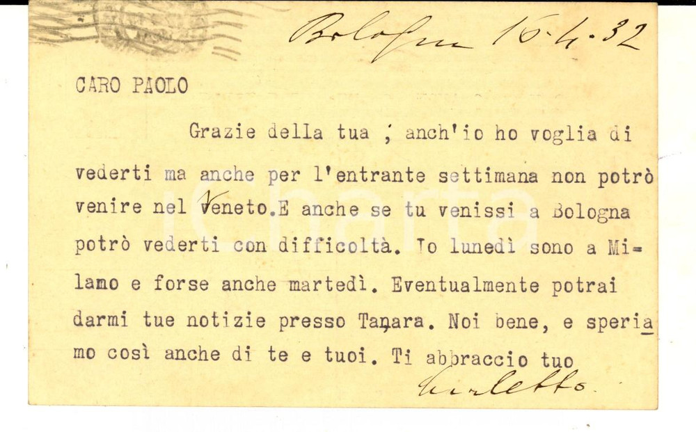 Manoscritto, lettera originale 1932 BOLOGNA Avv. Carlo Umberto GUARIENTO fissa appuntamento con un amico 1