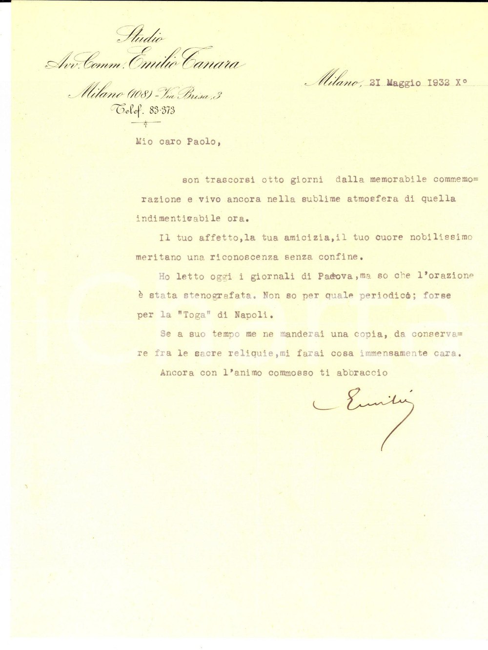 Manoscritto, lettera originale 1932 MILANO Avv. comm. Emilio TANARA commosso per una cerimonia Lettera 1