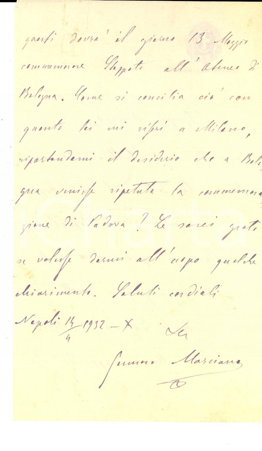 Autografo originale 1932 NAPOLI Senatore Gennaro MARCIANO su commemorazione STOPPATO AUTOGRAFO 1