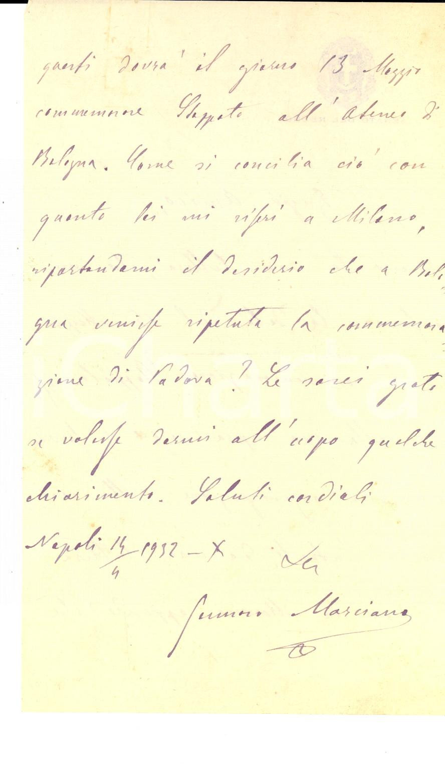 Autografo originale 1932 NAPOLI Senatore Gennaro MARCIANO su commemorazione STOPPATO AUTOGRAFO 1