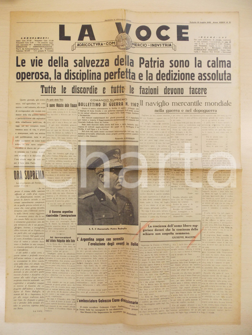 Giornale, rivista storica 1943 WW2 PADOVA LA VOCE Calma e disciplina per salvare la patria Giornale 1