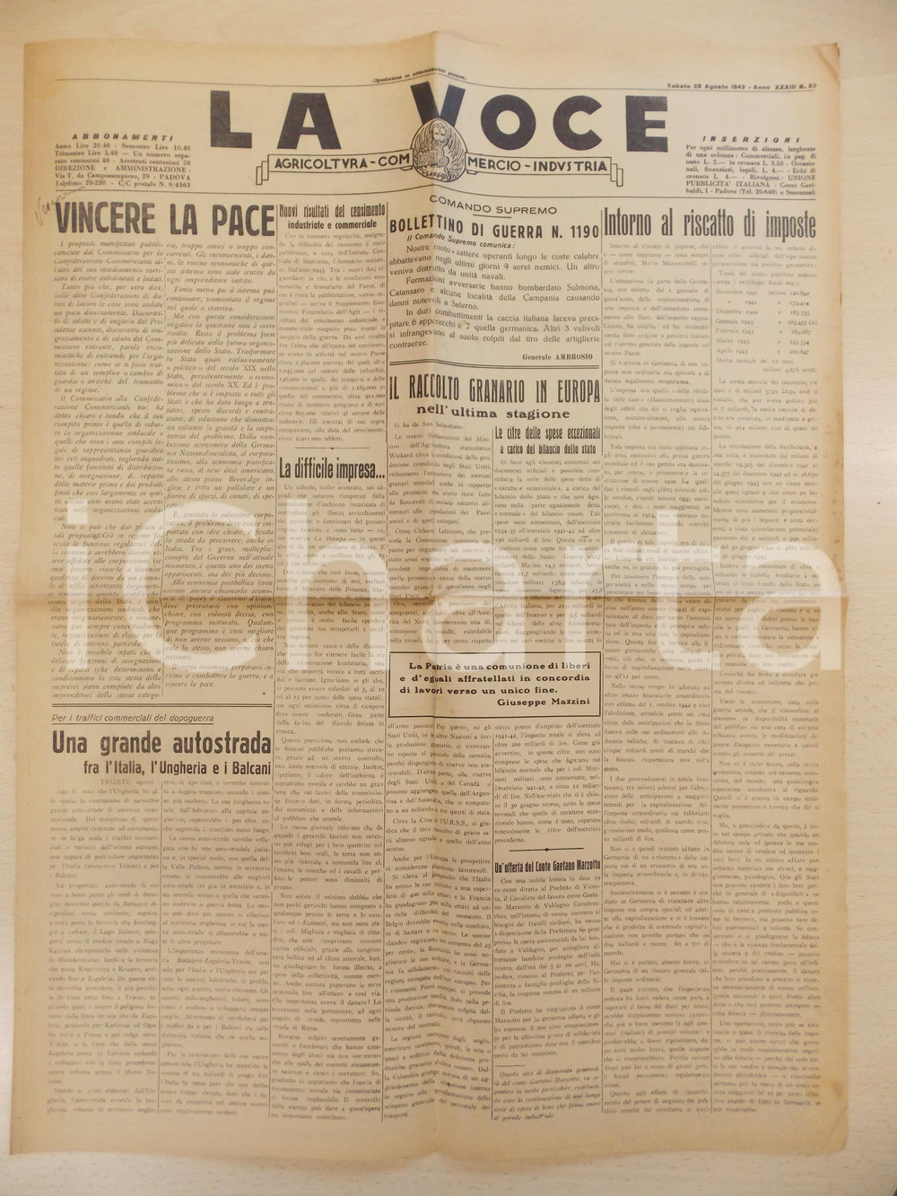 Giornale, rivista storica 1943 WW2 PADOVA LA VOCE Raccolto granario  Riscatto di imposte Giornale 1