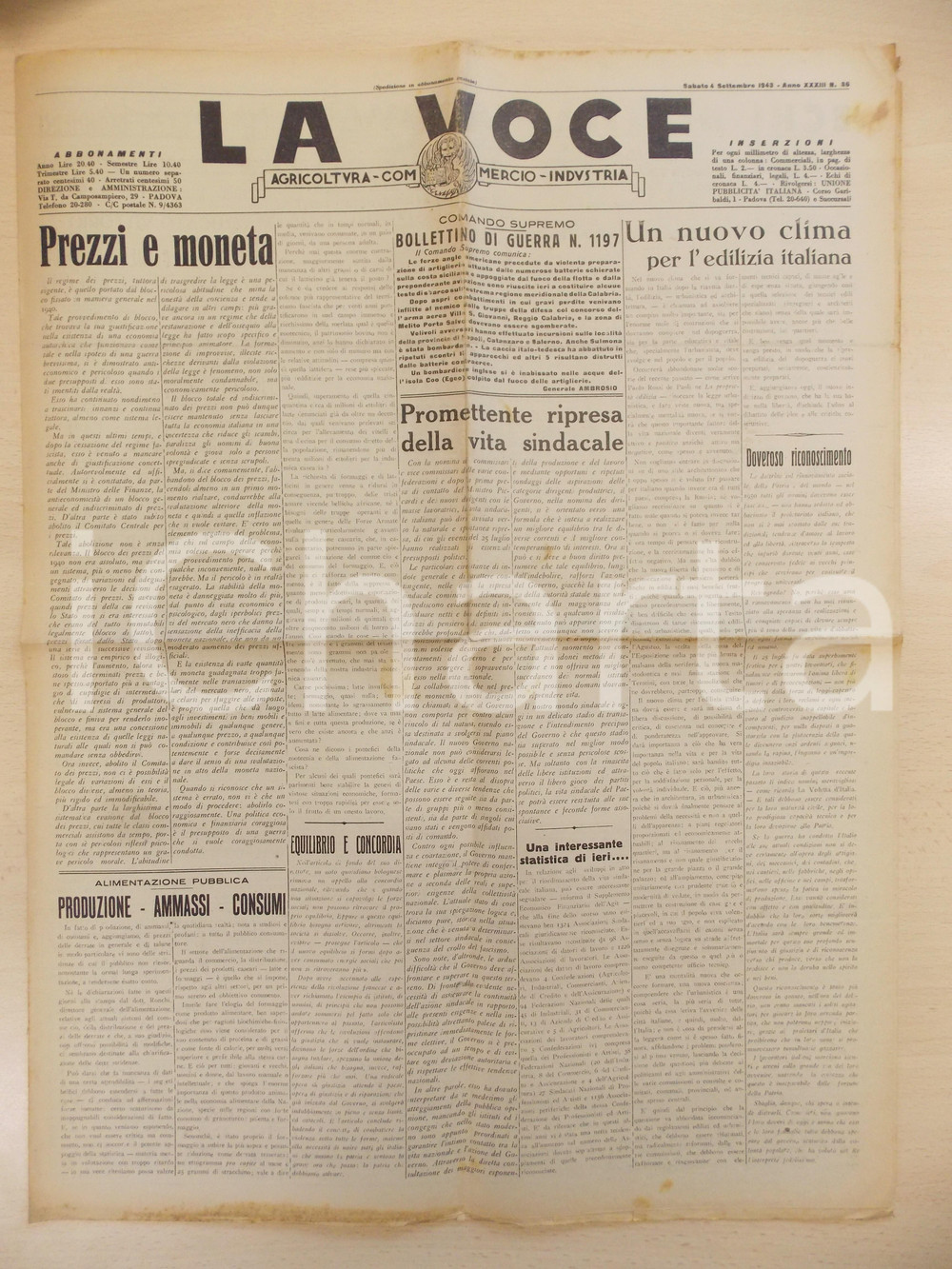 Giornale, rivista storica 1943 WW2 PADOVA LA VOCE Ripresa della vita sindacale  Prezzi e moneta Giornale 1