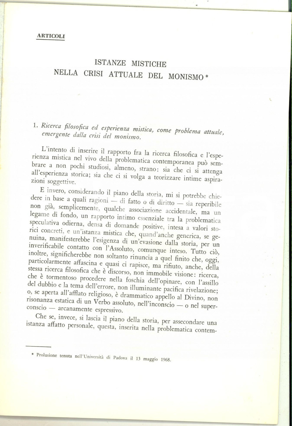 Libro, pubblicazione d epoca 1968 Andrea Mario MOSCHETTI Istanze mistiche nella crisi attuale del monismo 1