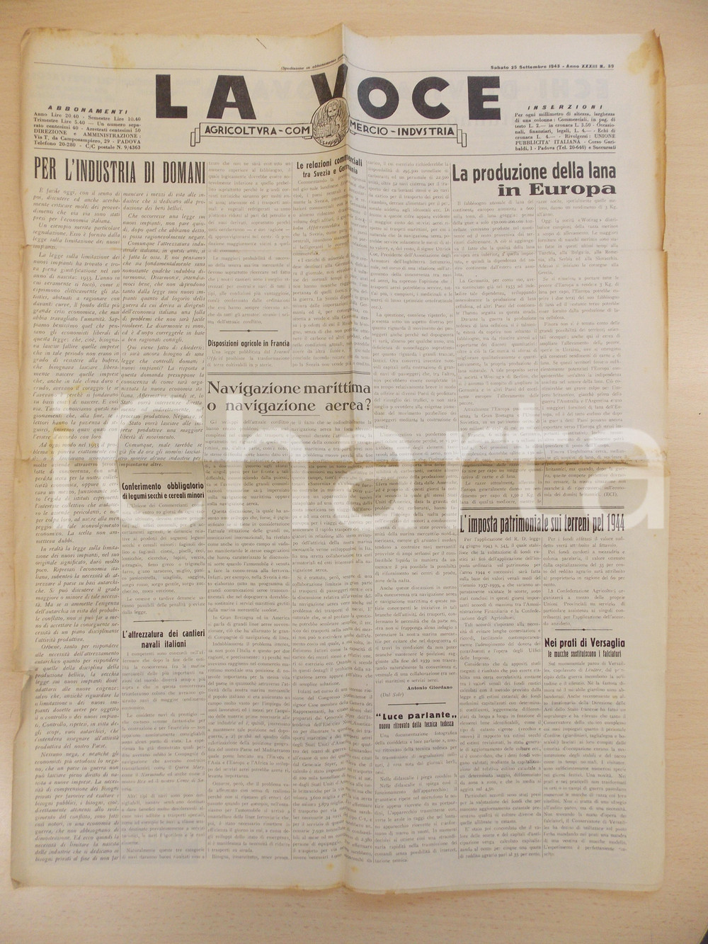 Giornale, rivista storica 1943 WW2 PADOVA LA VOCE Produzione della lana in Europa Giornale RARO 1