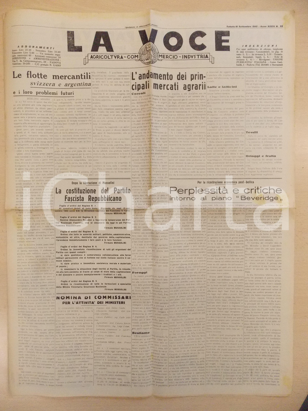 Giornale, rivista storica 1943 WW2 PADOVA LA VOCE Costituzione Partito Fascista Repubblicano Giornale 1