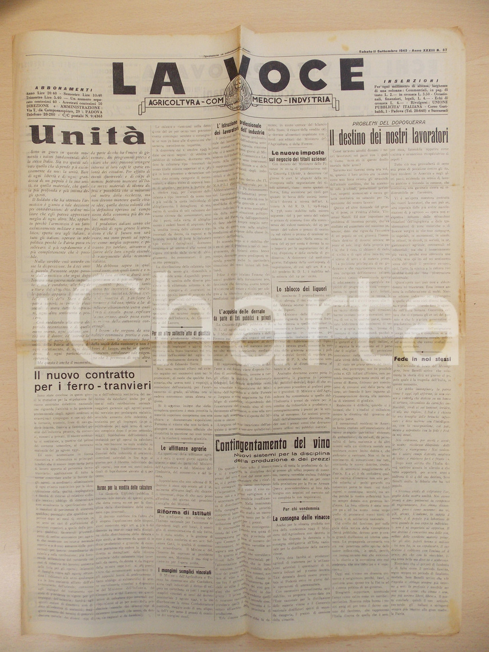 Giornale, rivista storica 1943 WW2 PADOVA LA VOCE Lavoratori nel dopoguerra  Vino contingentato Giornale 1