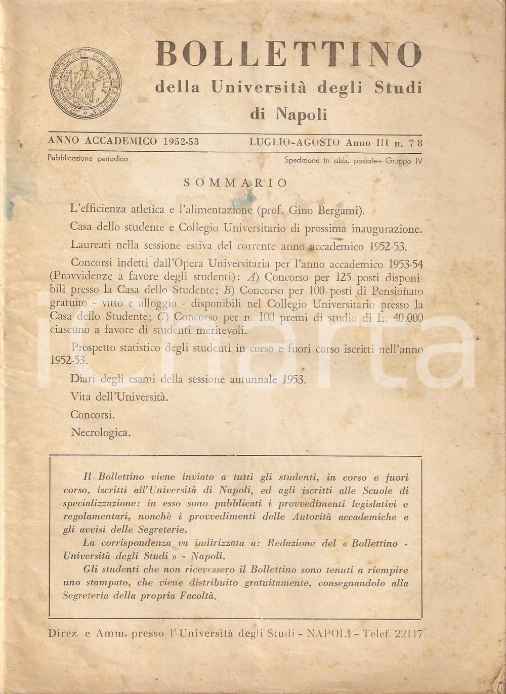 Libro, pubblicazione d epoca UNIVERSITA  DI NAPOLI Anno 19521953 Bollettino n. 78 Efficienza atletica 17x23 1