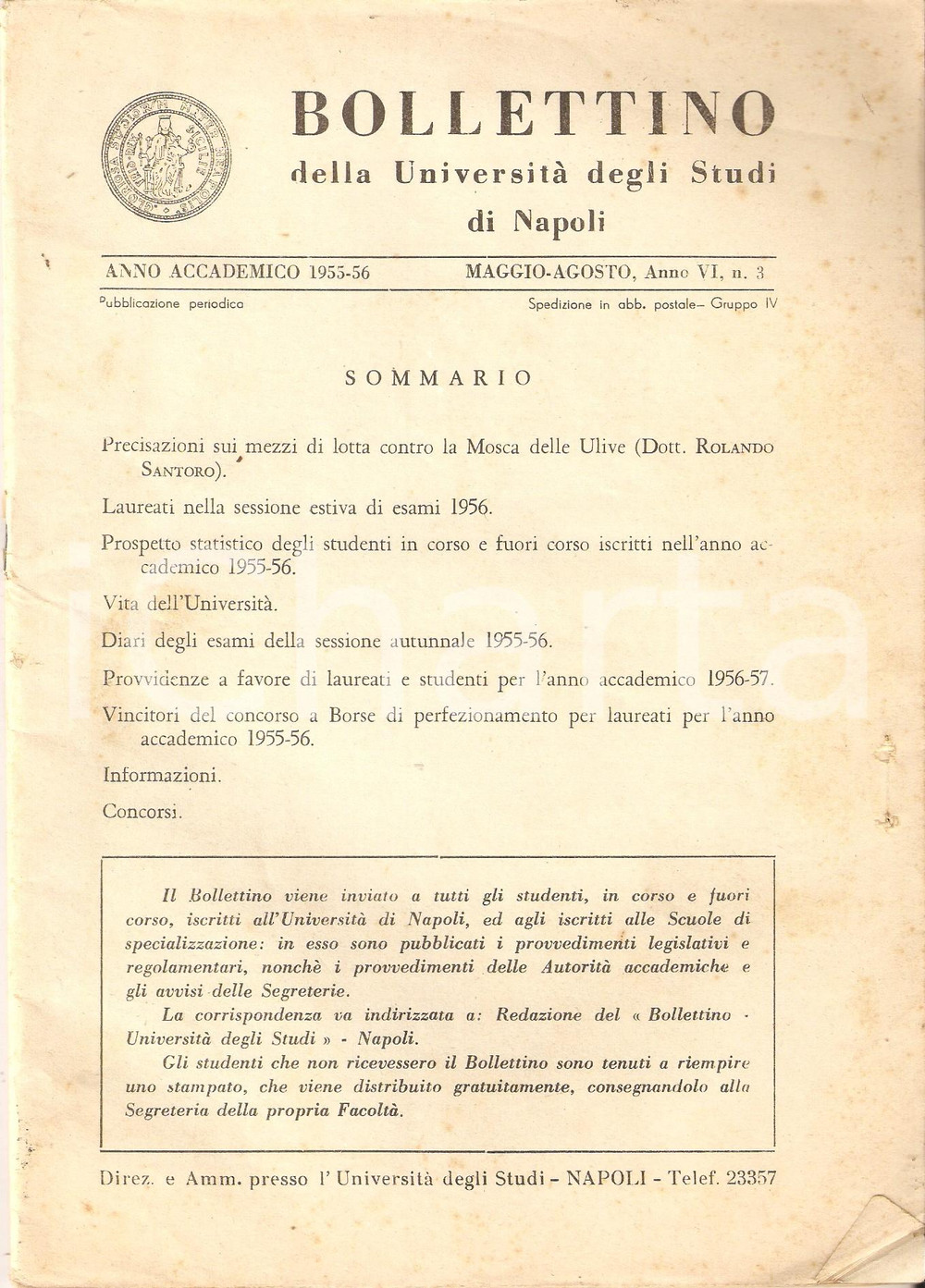 Libro, pubblicazione d epoca UNIVERSITÀ DI NAPOLI Anno 19551956 Bollettino 3 Lotta contro mosca delle olive 1