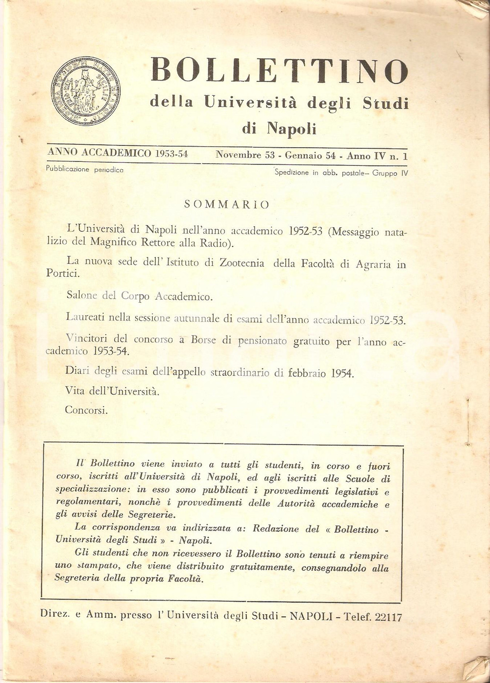 Libro, pubblicazione d epoca UNIVERSITÀ DI NAPOLI Anno 19531954 Bollettino n.1 Nuova sede Istituto Zootecnia 1