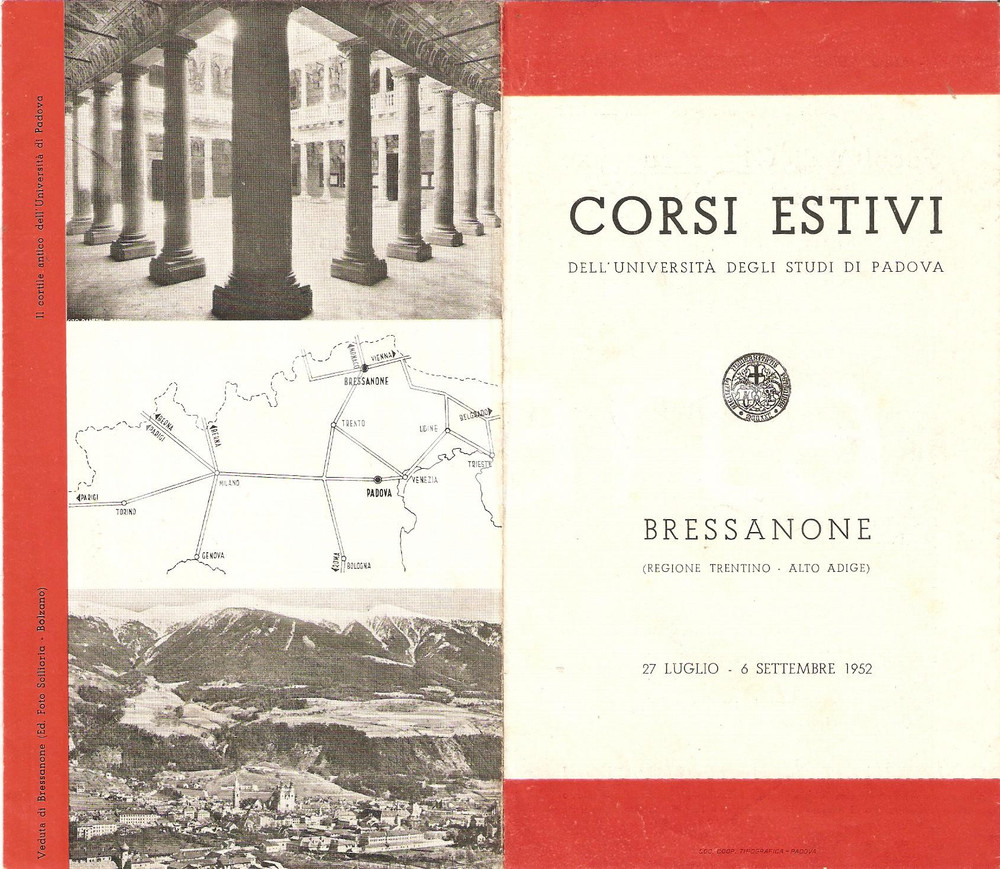 Materiale pubblicitario d’epoca 1952 BRESSANONE BZ Corsi estivi Università di PADOVA Pieghevole 10 x 18 cm 1