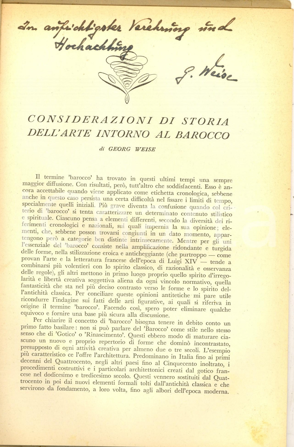 Libro, pubblicazione d epoca 1952 Georg WEISE Considerazioni di storia dell arte intorno al barocco AUTOGRAFO 1