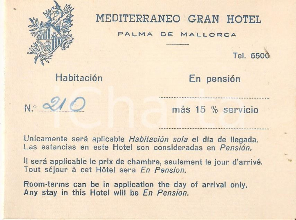 Materiale pubblicitario d’epoca 1960 ca PALMA DE MALLORCA Mediterraneo Gran Hotel Biglietto con regolamento 1