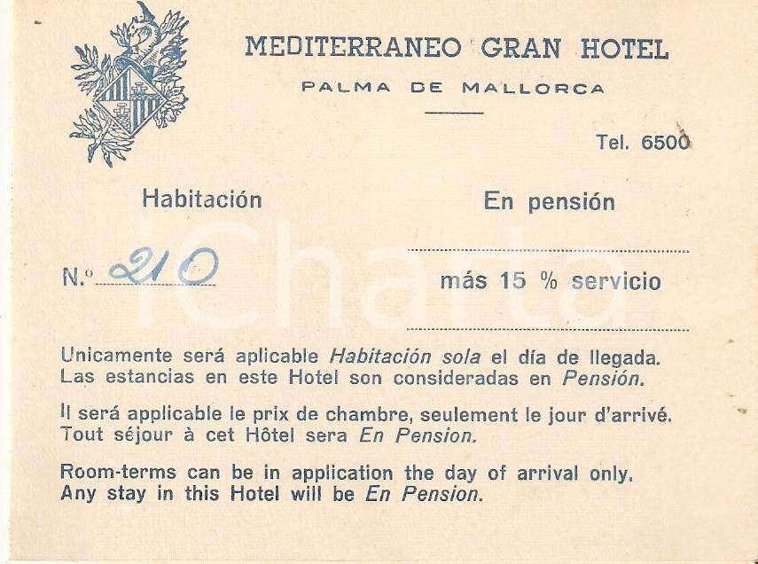 Materiale pubblicitario d’epoca 1960 ca PALMA DE MALLORCA Mediterraneo Gran Hotel Biglietto con regolamento 1