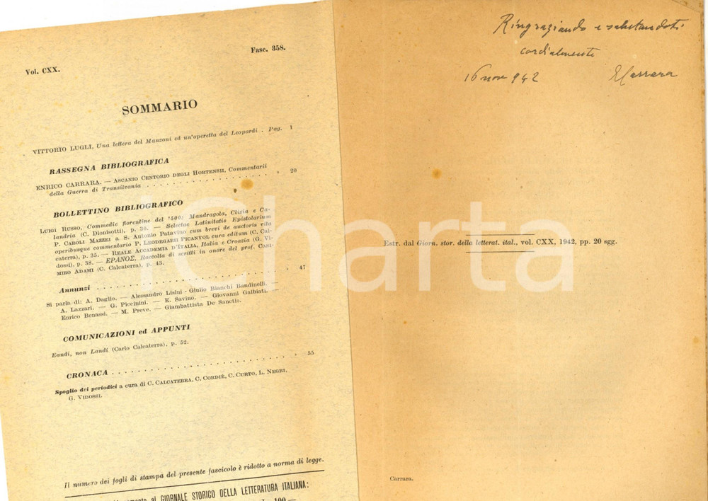 Libro, pubblicazione d epoca 1942 Enrico CARRARA Ascanio Centorio degli Hortensii  Recensione AUTOGRAFO 1