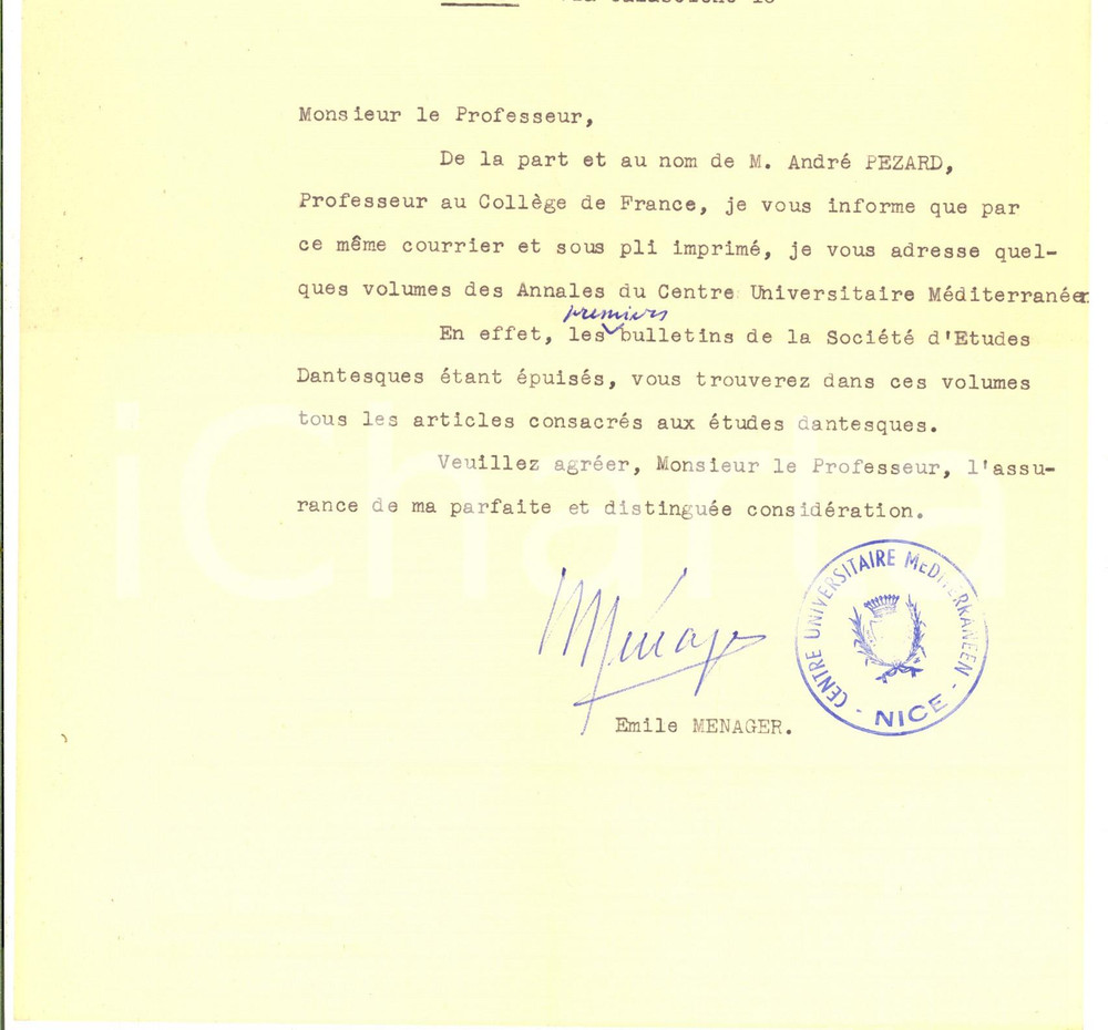 1956 NICE Centre Universitaire Méditerranéen - Lettre secrétaire Emile MENAGER 