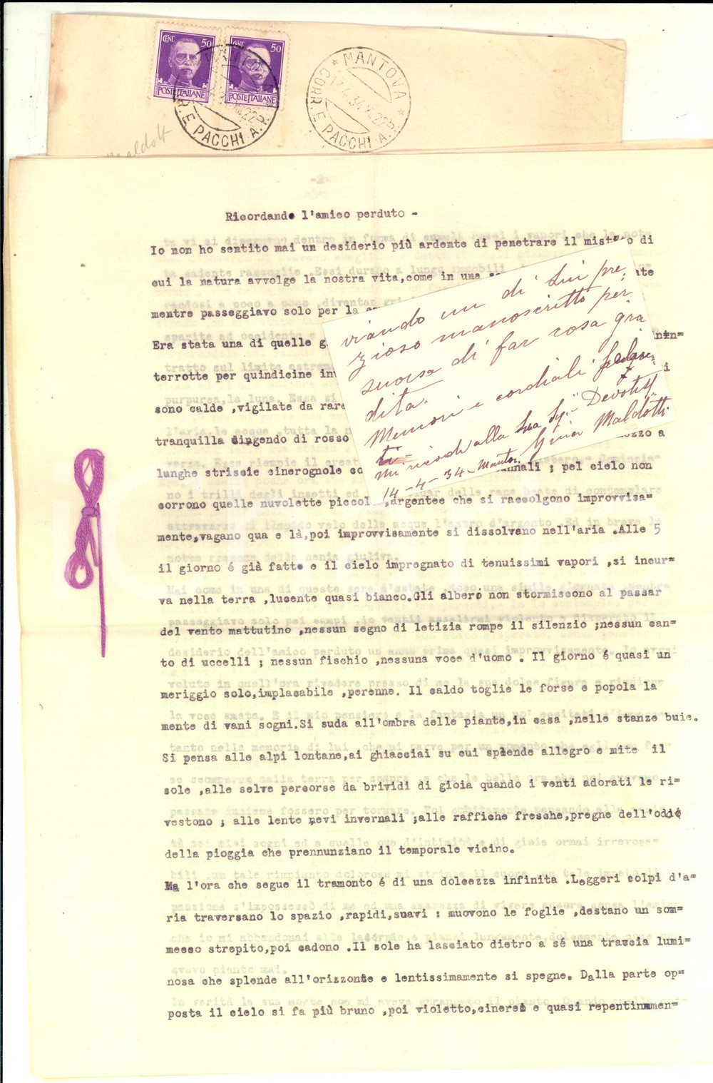 Autografo originale 1934 MANTOVA Attilio MALDOTTI Ricordando l amico perduto Dattiloscritto INEDITO 1