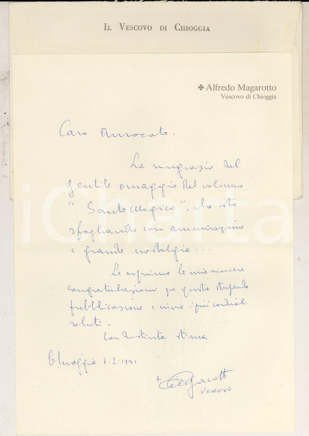 Autografo originale 1991 CHIOGGIA Lettera mons. Alfredo MAGAROTTO per ringraziamento AUTOGRAFO 1