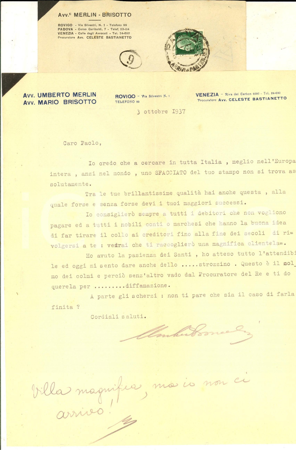 Autografo originale 1937 ROVIGO Lettera scherzosa sen. Umberto MERLIN all amico sfacciato Autografo 1