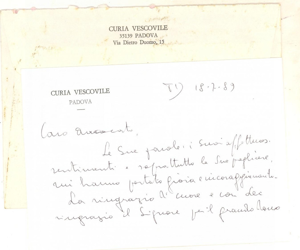 Autografo originale 1989 PADOVA Biglietto mons. Alfredo MAGAROTTO per ringraziamento AUTOGRAFO 1