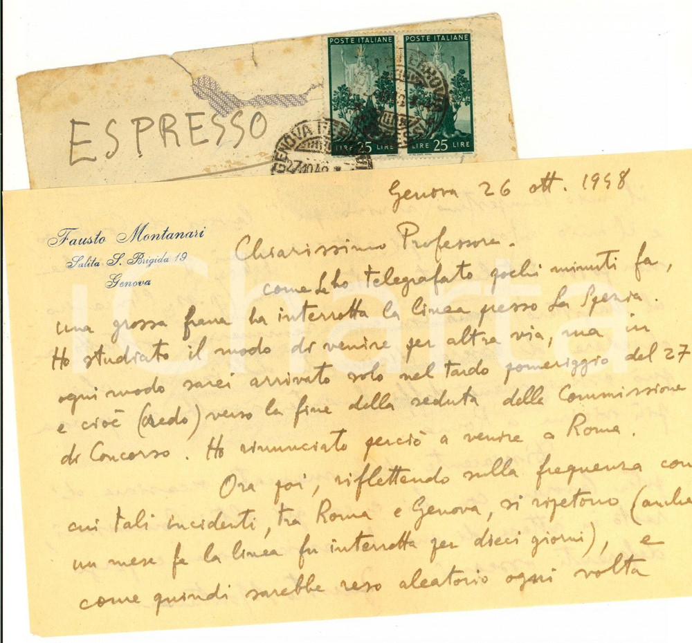 Autografo originale 1948 GENOVA Fausto MONTANARI bloccato da una frana sulla ferrovia AUTOGRAFO 1