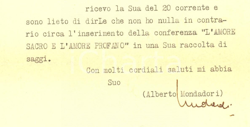 Autografo originale 1949 MILANO Lettera Alberto MONDADORI all autore di una conferenza AUTOGRAFO 1