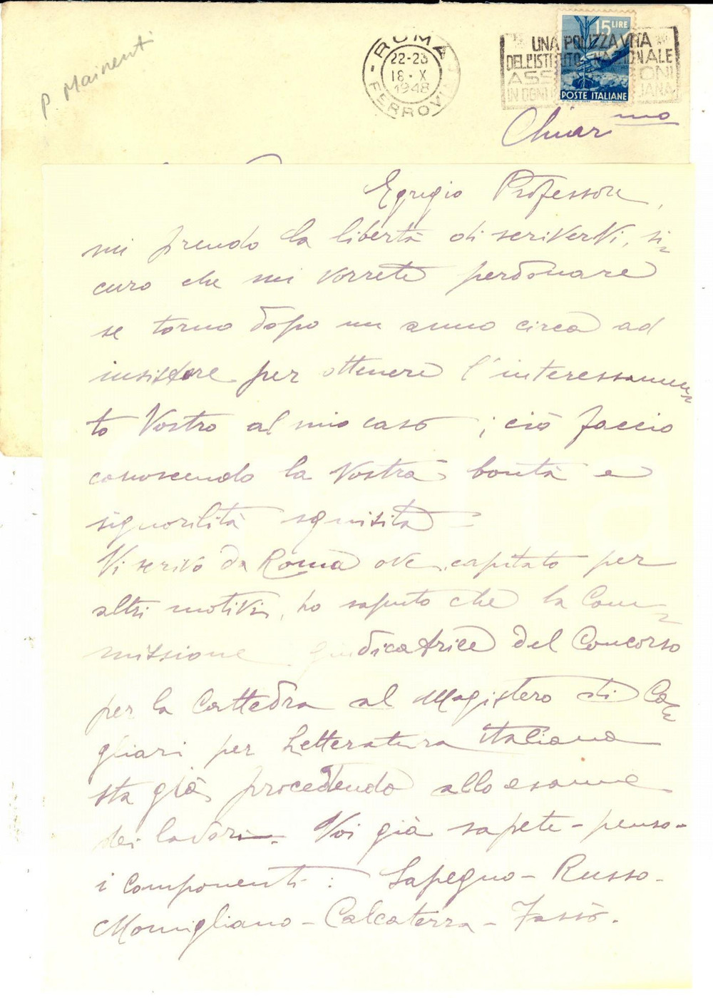 Autografo originale 1948 ROMA Pasquale MAINENTI chiede raccomandazione a un concorso Autografo 1