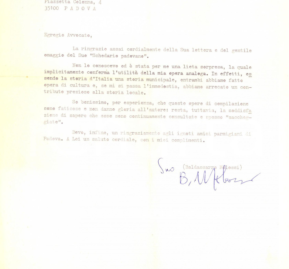 Autografo originale 1972 GAZZETTA DI PARMA Baldassarre MOLOSSI ringrazia per omaggio AUTOGRAFO 1