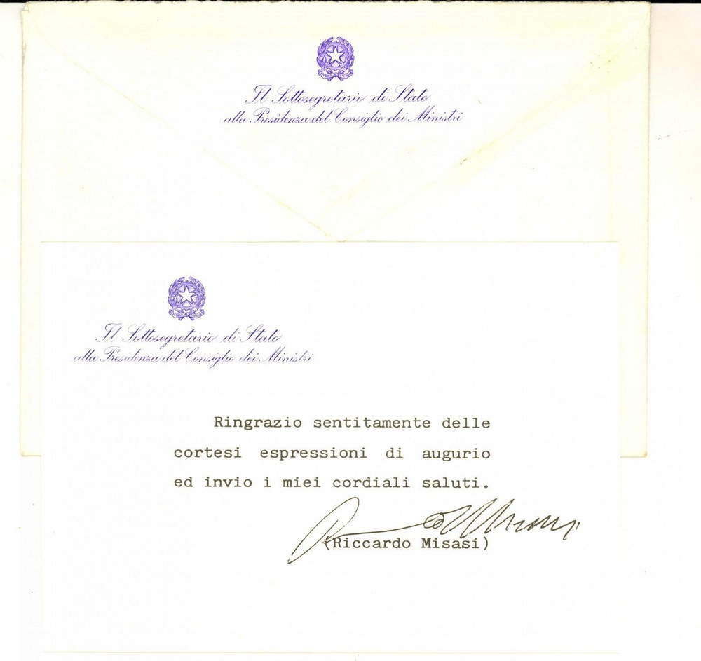 Autografo originale 1988 ROMA Biglietto di saluti Riccardo MISASI sottosegretario AUTOGRAFO 1