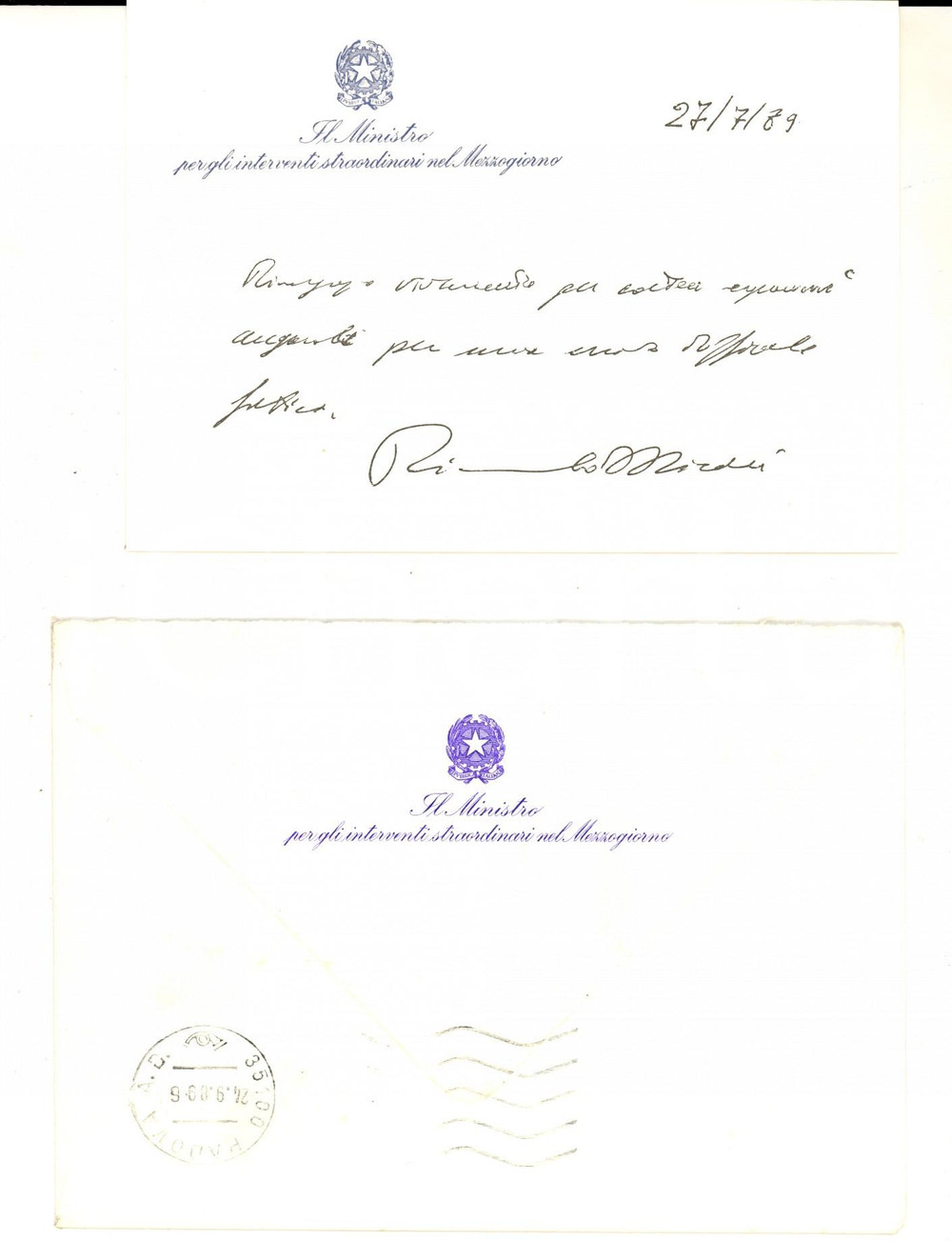 Autografo originale 1989 ROMA Biglietto di ringraziamento Riccardo MISASI ministro AUTOGRAFO 1