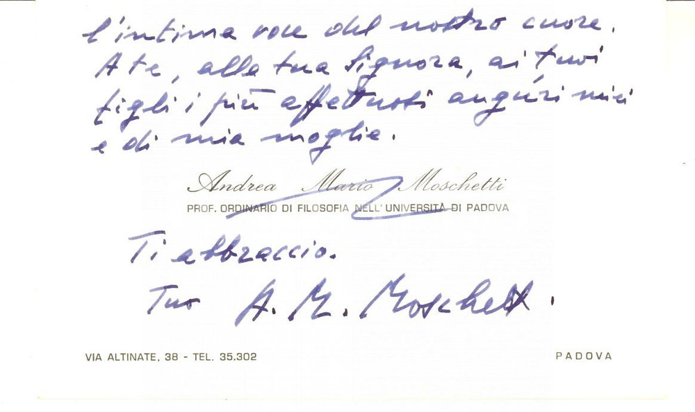 Autografo originale 1980 PADOVA Biglietto prof. Andrea Mario MOSCHETTI per auguri AUTOGRAFO 1