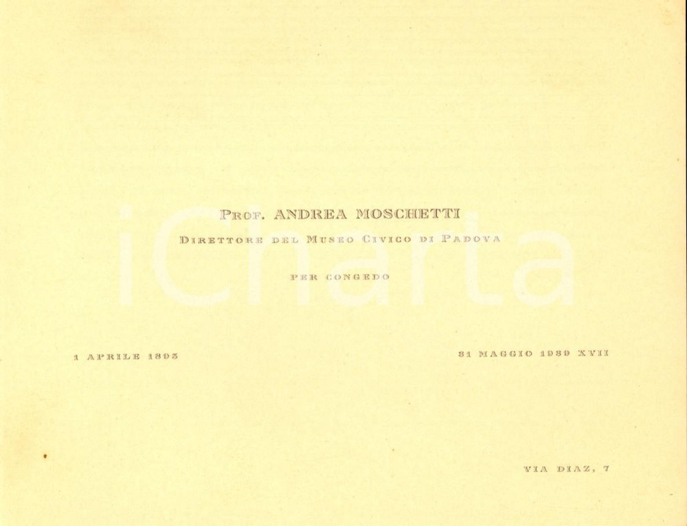 Oggetto da collezione cartaceo 1939 PADOVA Museo Civico Biglietto saluti congedo prof. Andrea Mario MOSCHETTI 1