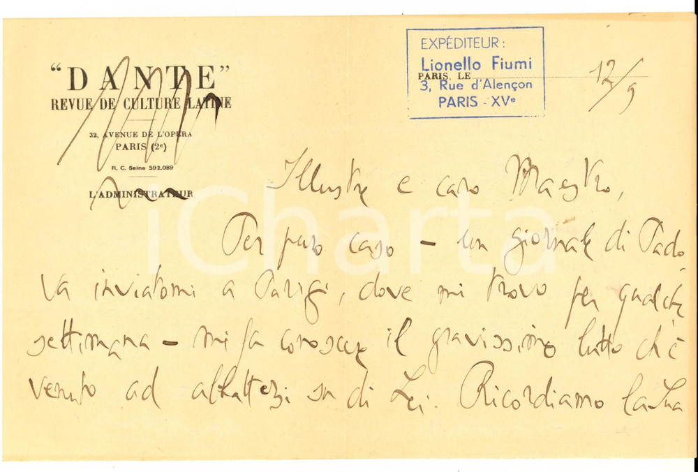 Autografo originale 1940 ca PARIS Lionello FIUMI porge le condoglianze a un collega AUTOGRAFO 1