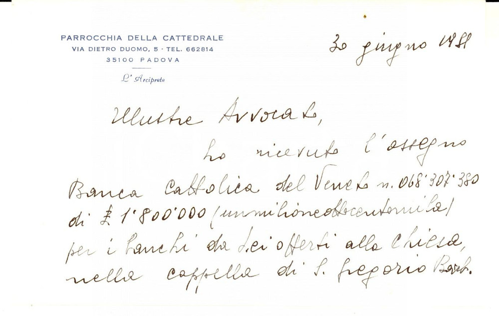 Autografo originale 1979 PADOVA Don Giovanni FOFFANI ringrazia per i banchi offerti alla chiesa 1