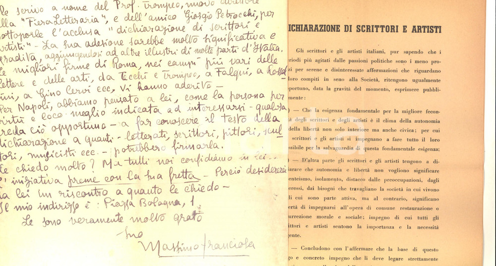 Autografo originale 1948 ROMA Massimo FRANCIOSA invia dichiarazione scrittori e artisti Autografo 1
