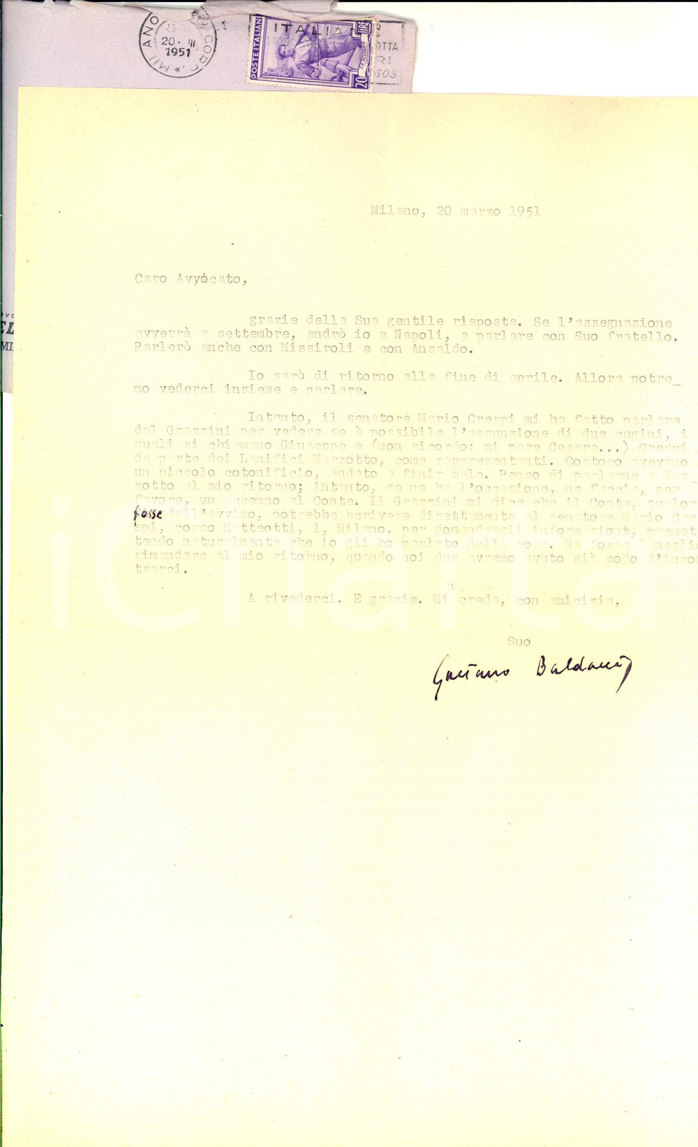 Autografo originale 1951 MILANO Lettera Gaetano BALDACCI per assunzione raccomandati AUTOGRAFO 1