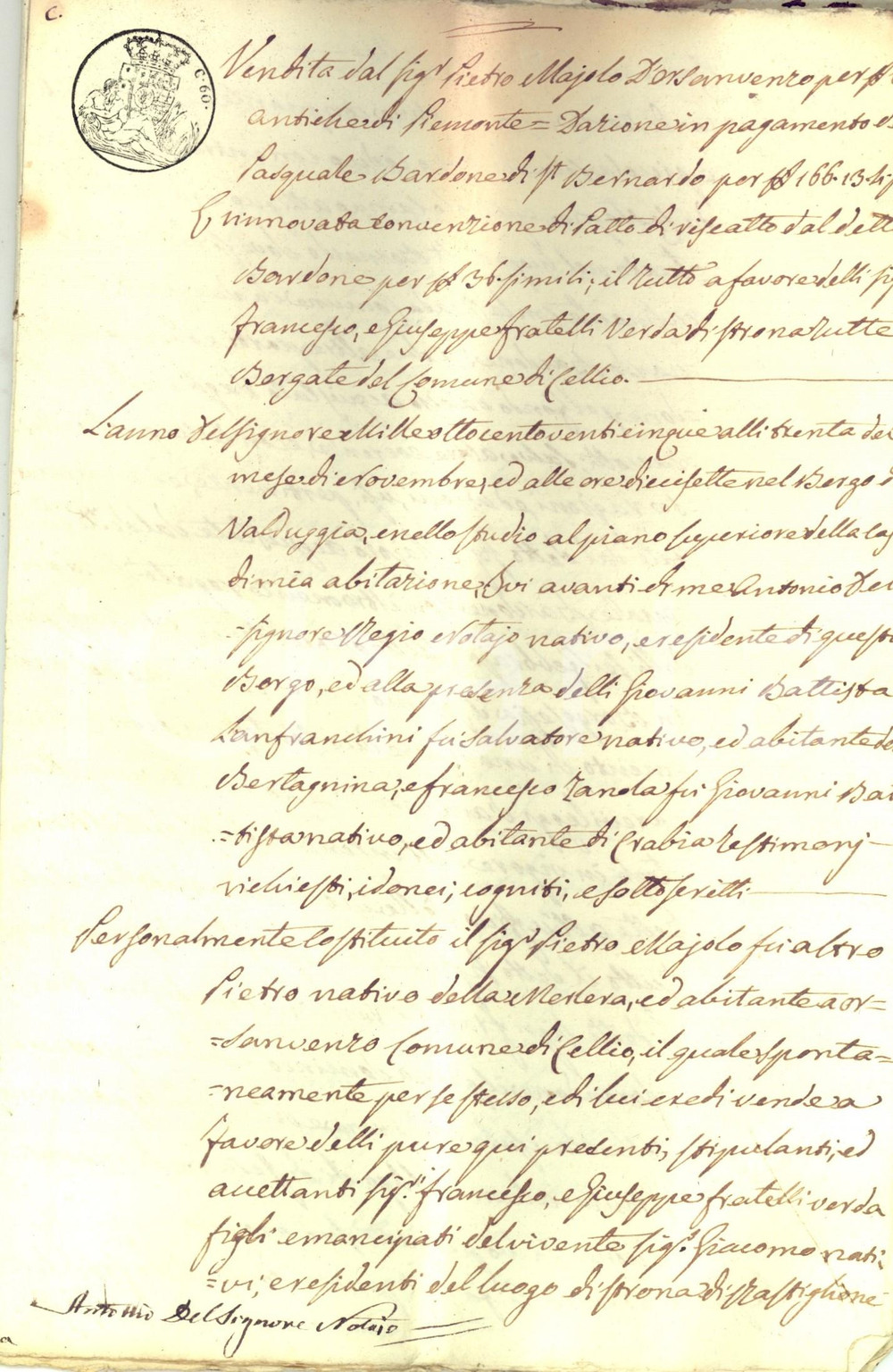 Documento originale, autentico 1825 SAN BERNARDO DI RASTIGLIONE Pietro MAJOLO vende terra a fratelli VERDA 1