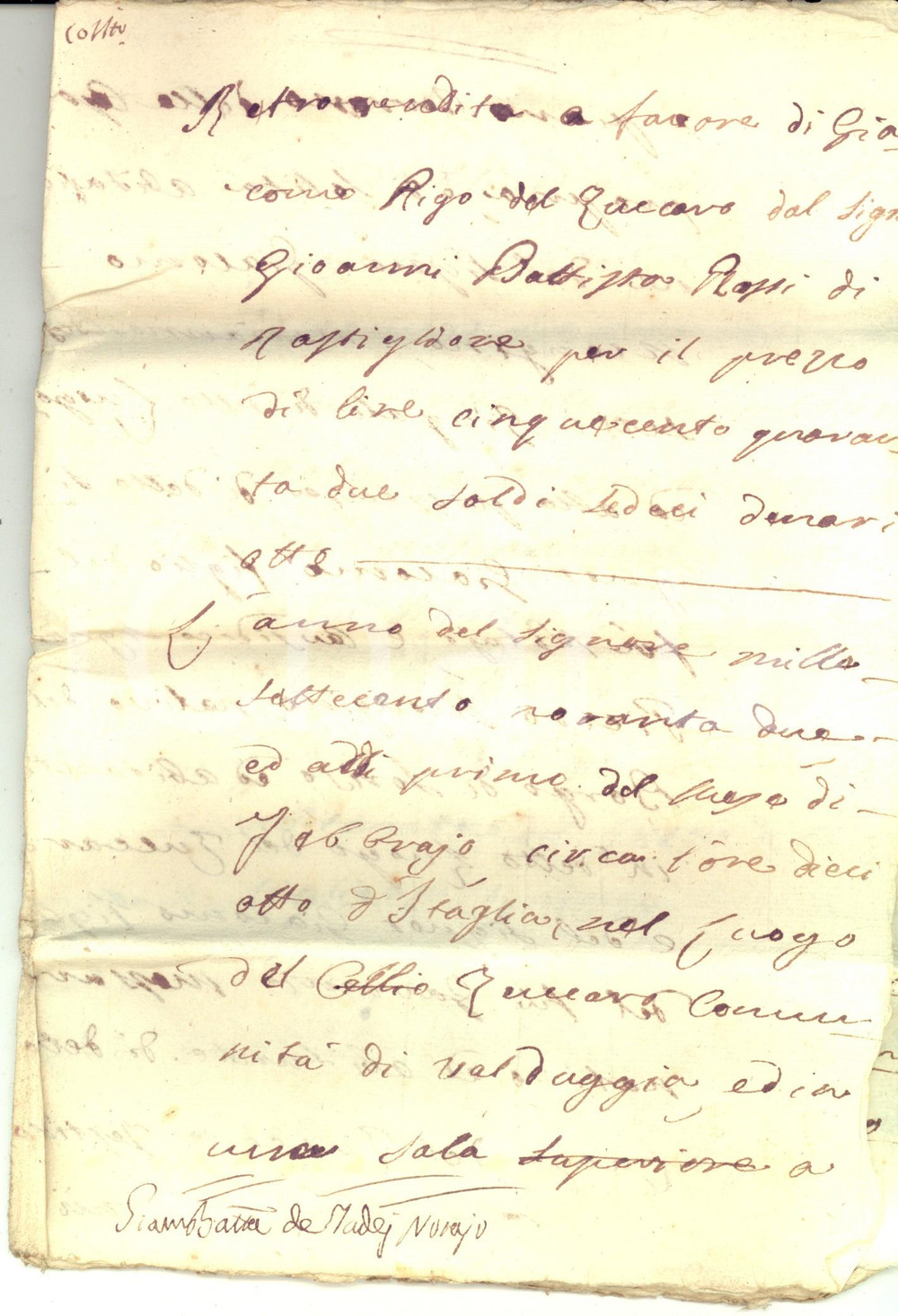 Documento originale, autentico 1790 VALDUGGIA Retrovendita Giambattista ROSSI Giacomo RIGO terra cascina GHITTA 1
