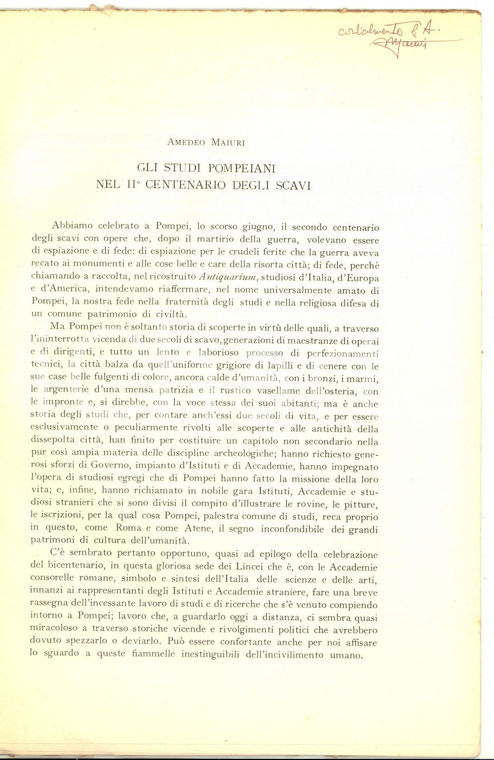 Libro, pubblicazione d epoca 1948 Amedeo MAIURI Gli studi pompeiani nel II centenario degli scavi Autografo 1