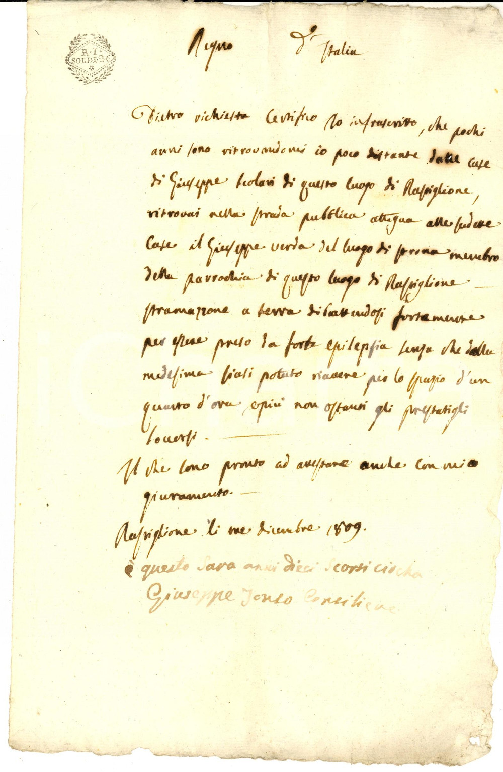 Documento originale, autentico 1809 REGNO D ITALIA RASTIGLIONE Epilessia di Giuseppe VERDA sulla pubblica via 1