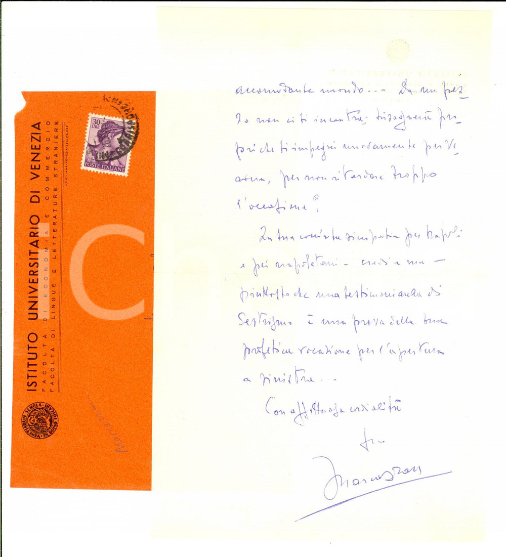 Manoscritto, lettera originale 1962 VENEZIA Prof. Mario MARCAZZAN ringrazia un collega per invito Autografo 1