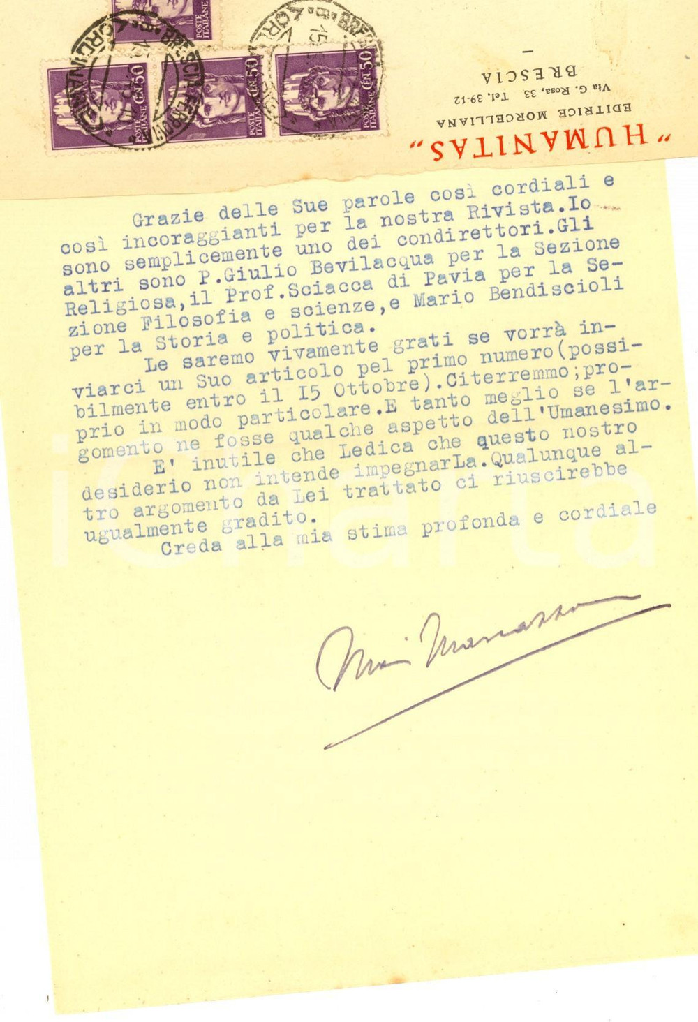 Autografo originale 1945 BRESCIA Prof. Mario MARCAZZAN chiede articolo per HUMANITAS Autografo 1