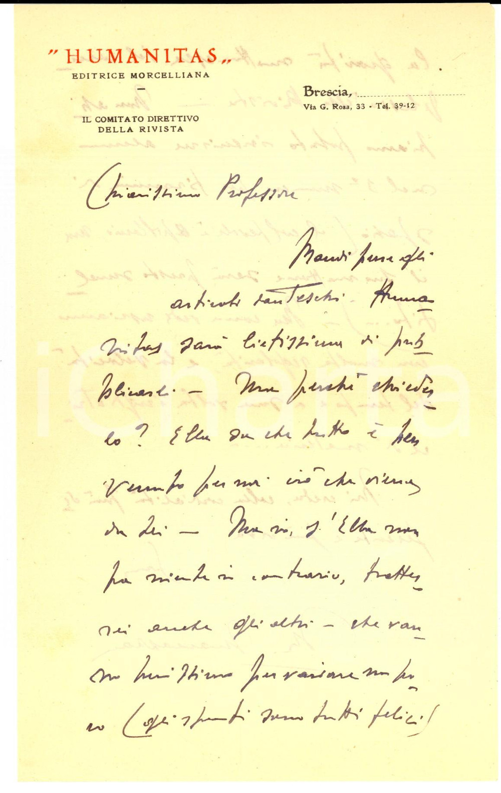 Autografo originale 1946 BRESCIA Mario MARCAZZAN riceve articoli danteschi per la rivista HUMANITAS 1
