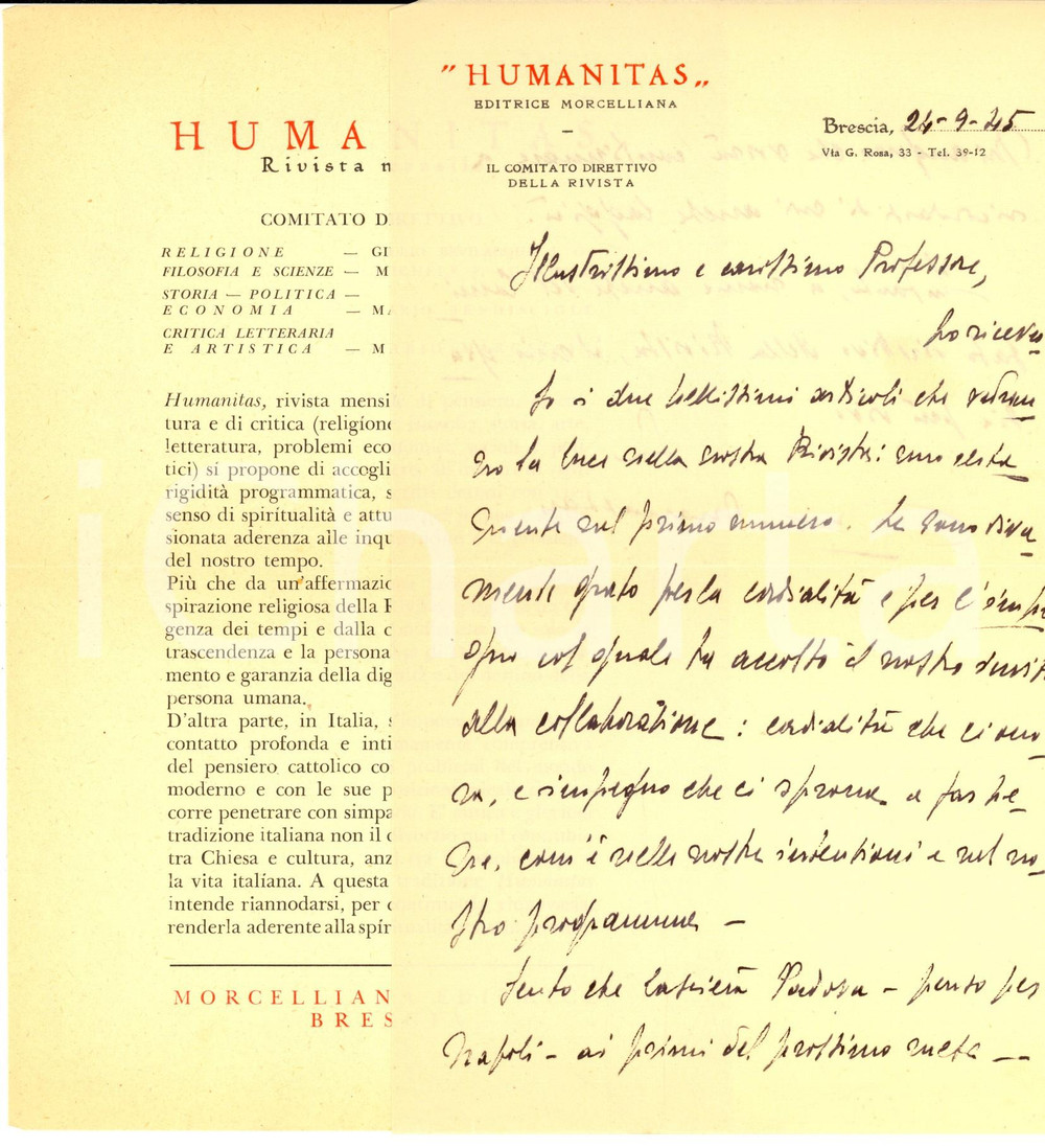 Autografo originale 1945 BRESCIA Mario MARCAZZAN invia il manifesto della nuova rivista HUMANITAS 1