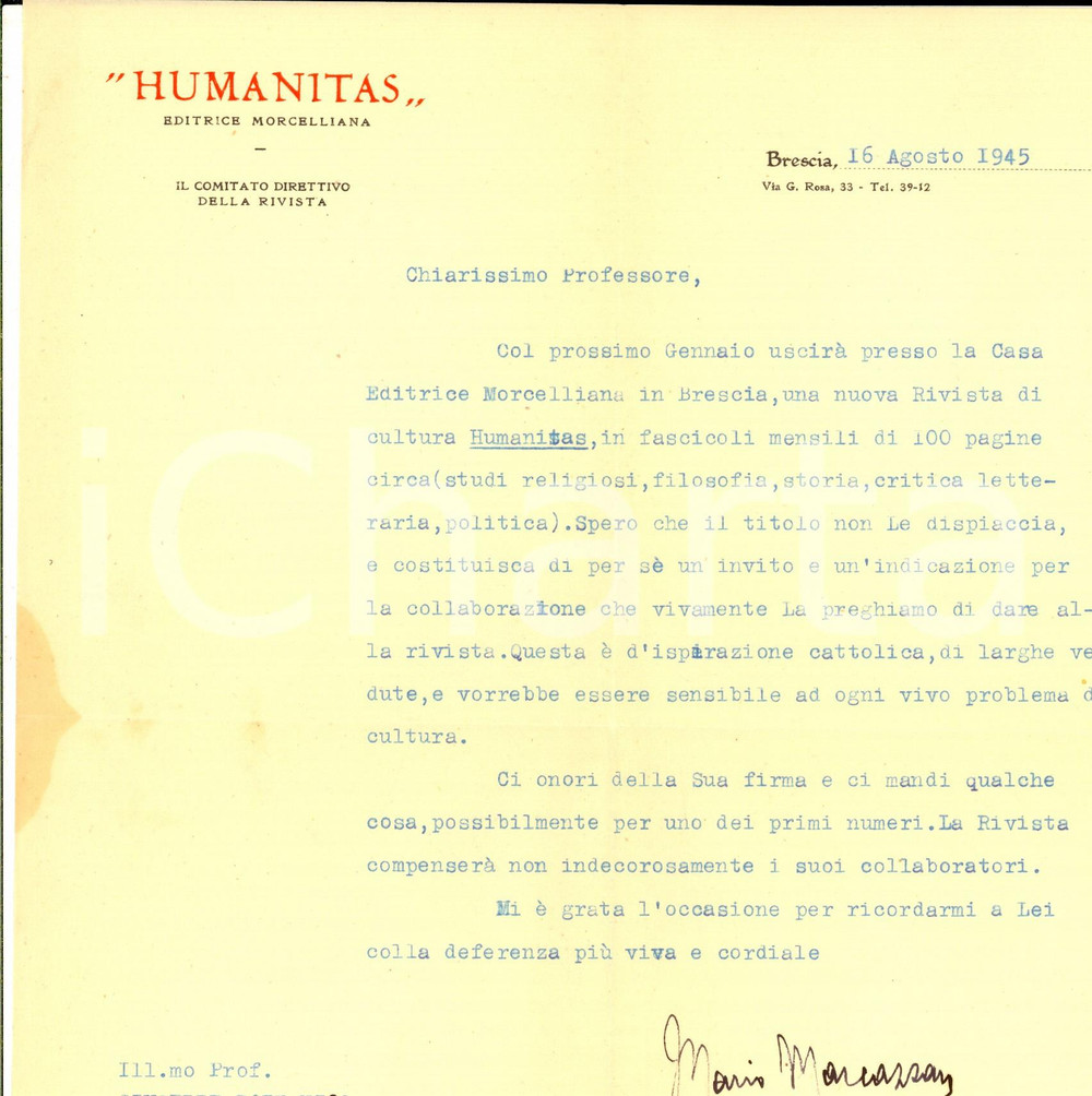 Autografo originale 1945 BRESCIA Prof. Mario MARCAZZAN promuove nuova rivista HUMANITAS Autografo 1