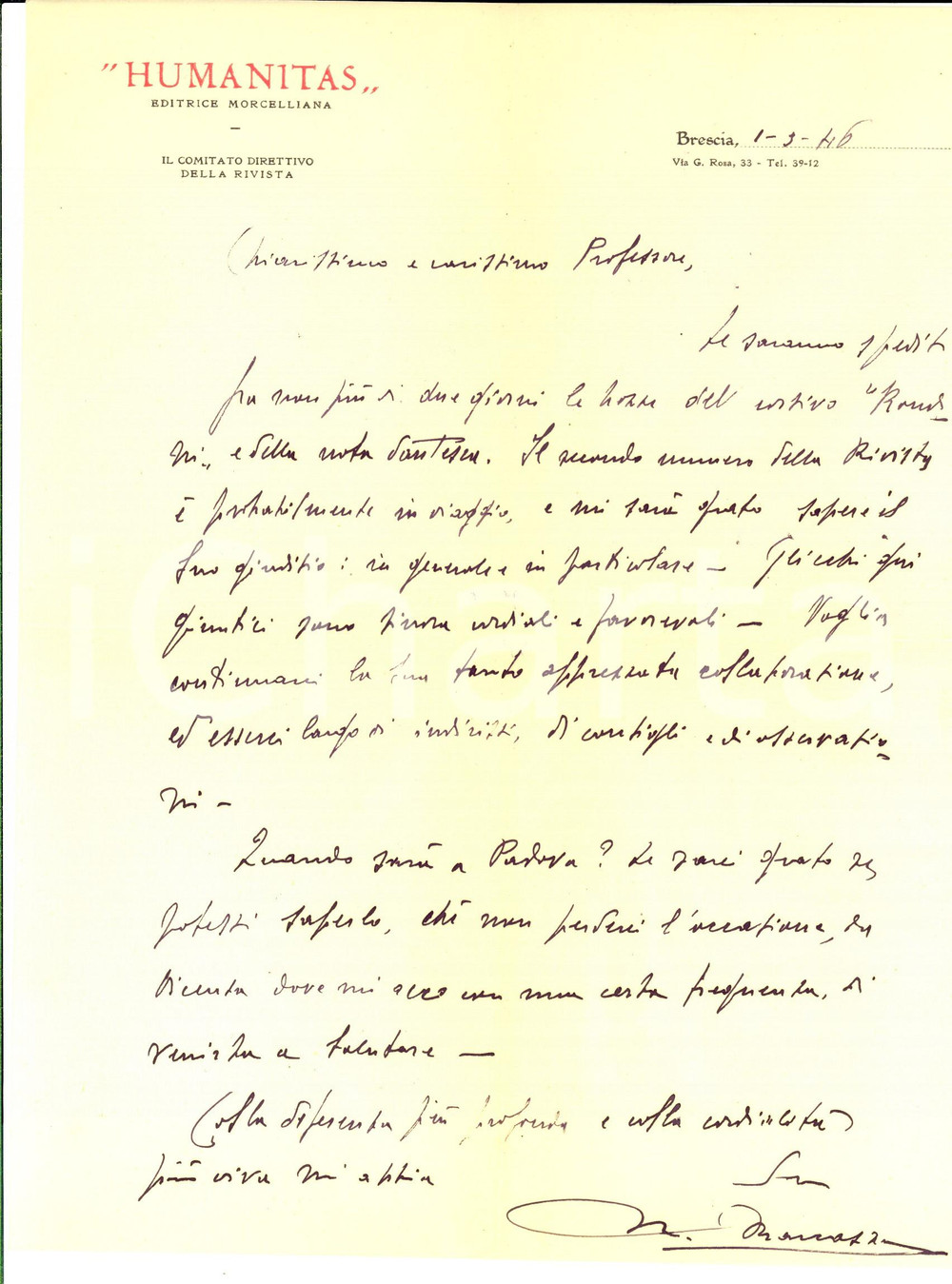 Autografo originale 1946 BRESCIA Prof. Mario MARCAZZAN chiede collaborazione per rivista HUMANITAS 1