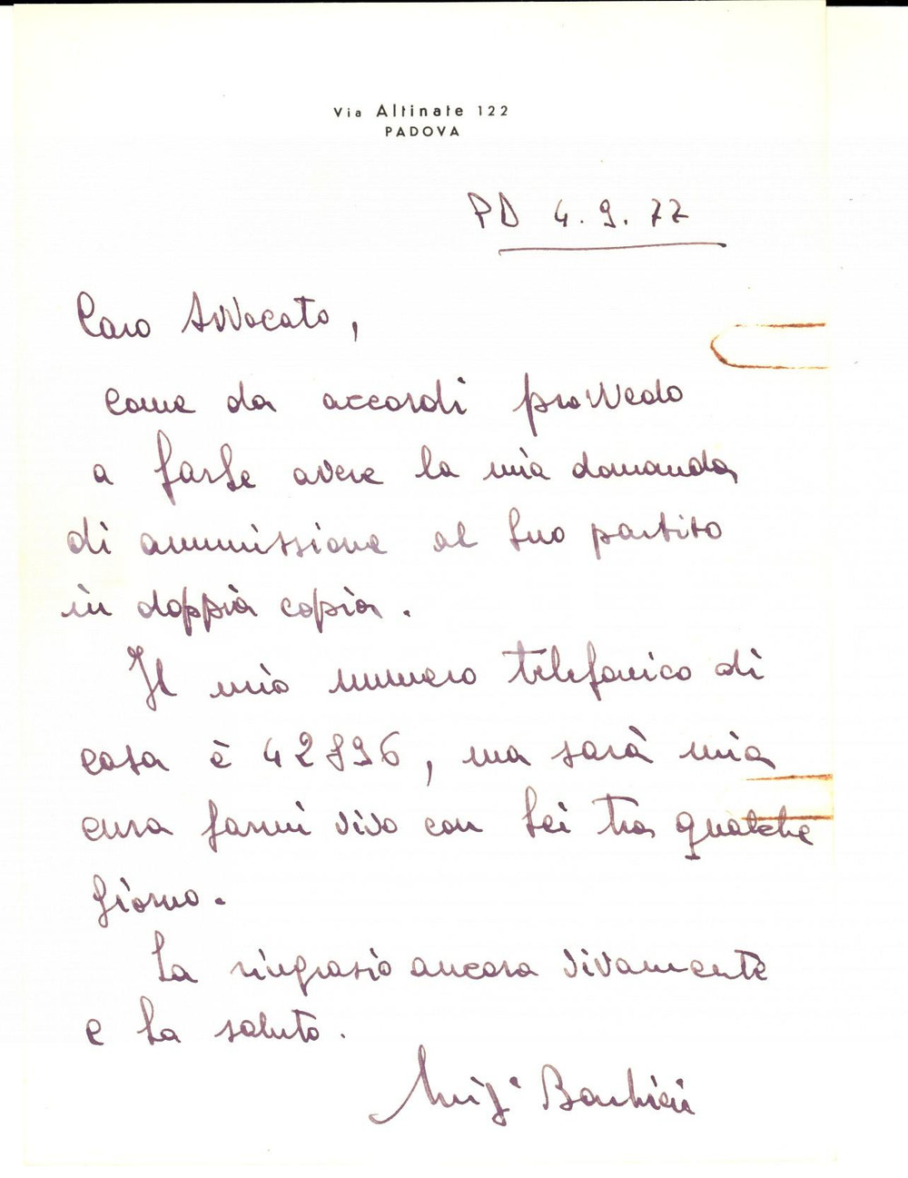 Autografo originale 1977 PADOVA Luigi Ciccio BARBIERI sull iscrizione alla DC Autografo 1
