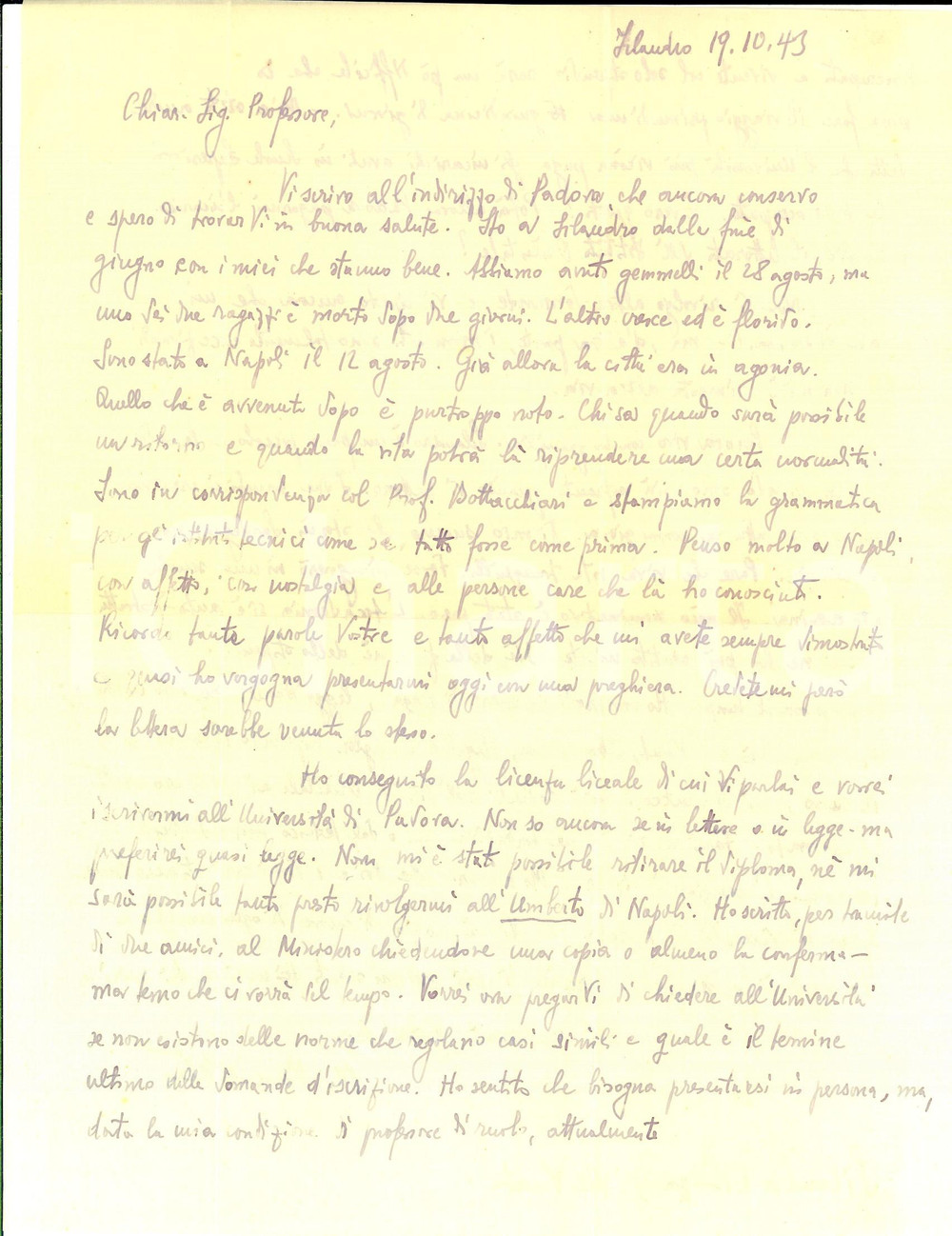 1943 SILANDRO Martin BENEDIKTER desidera studiare all'UniversitÃ  di Padova  Lettera interamente autografa.CONDIZIONI: GPAGINE: 1 (2 facciate)      originale e autentica 1